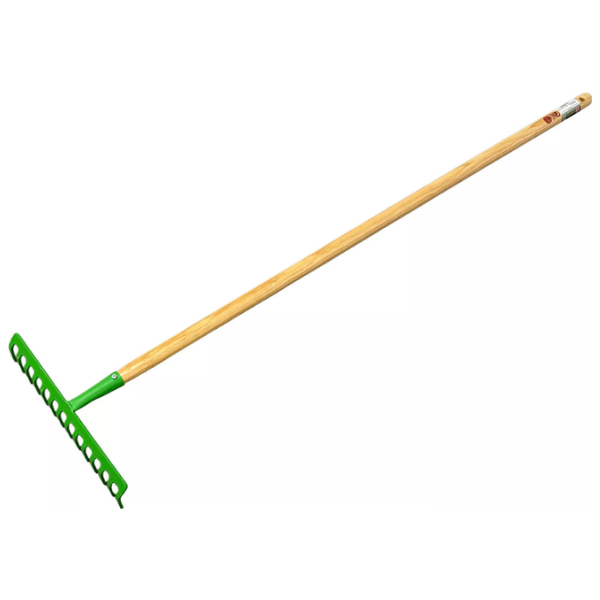 Rastrillo jardín, 14 dientes, color verde, 36 x 10 x 128 cm